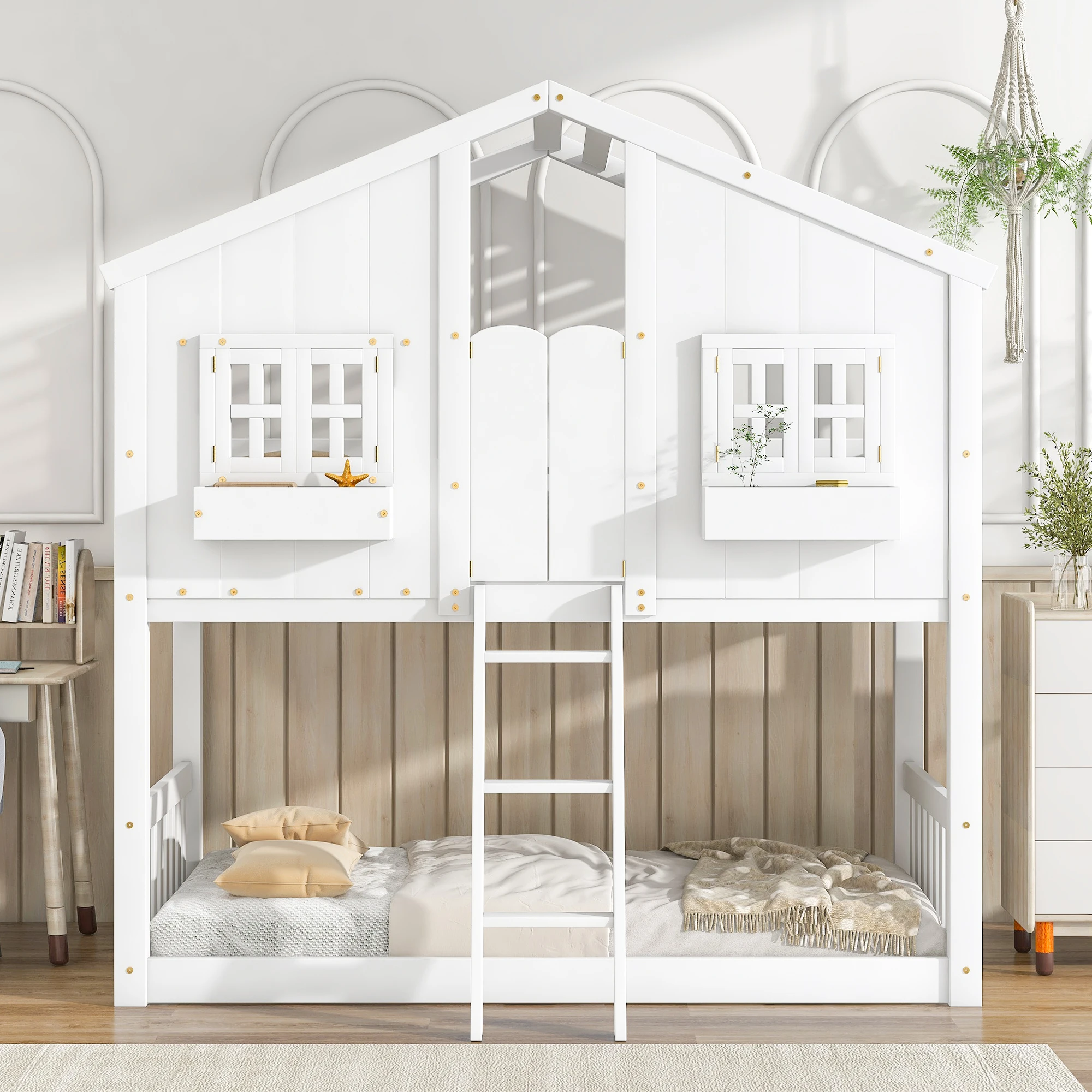 

Twin room bunk bed with roof, window, window frame, door, with safety rail and ladder, 81.7-57.8-86.9cm