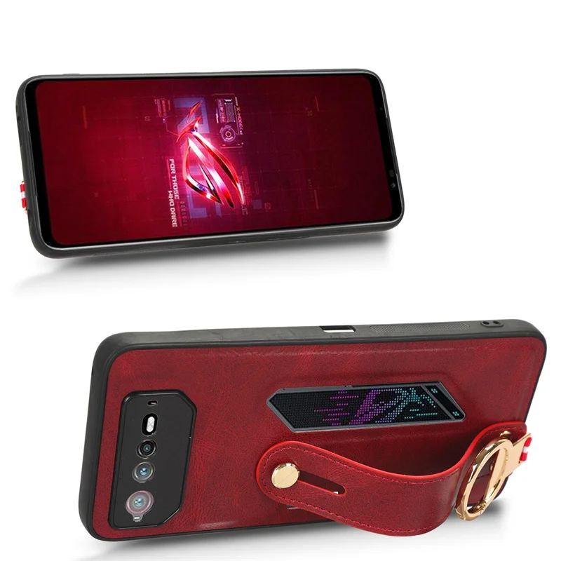 

For ROG Phone 6 Case Luxury Lanyard PU Leather ROG Phone 6S Wristband Ring Camera Protection Shockproof Bumper