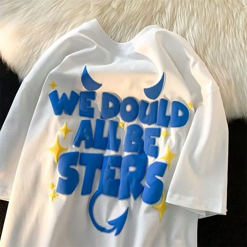 

2023 милые футболки с принтом рогатых хвостов и мультяшными буквами, Пенообразующие принты, парные милые футболки в стиле Харадзюку, высококачественные хлопковые летние повседневные топы