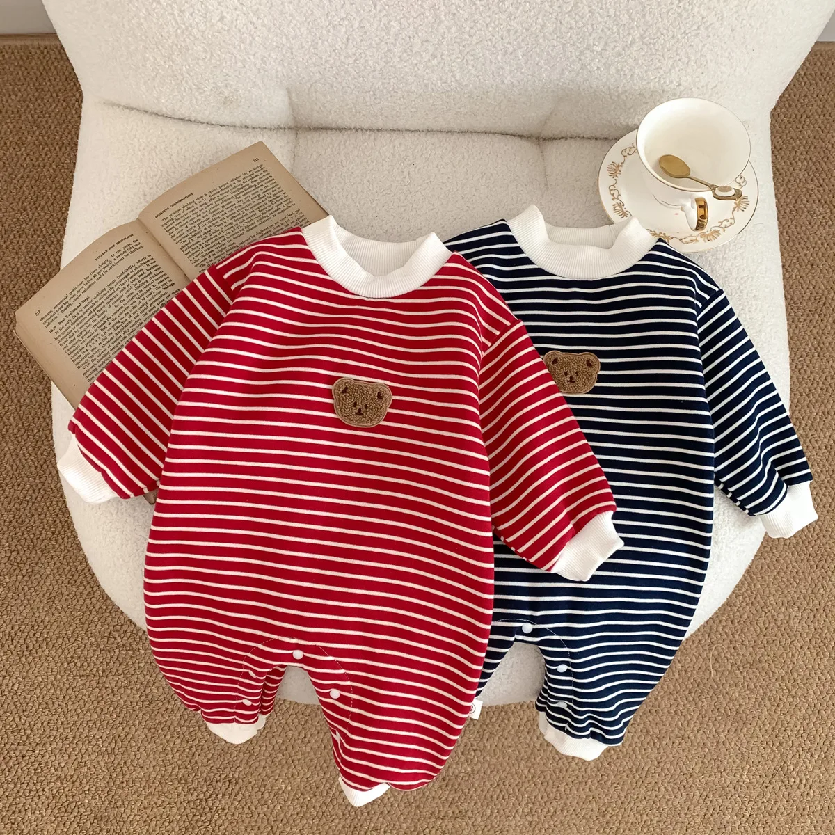 Baby Girl Clothes Spring And Autumn Newborn Bodysuit Long Sleeve Round Neck Red Stripe Jumpsuit 0-2 Year-Old Boys' Baby Clothes