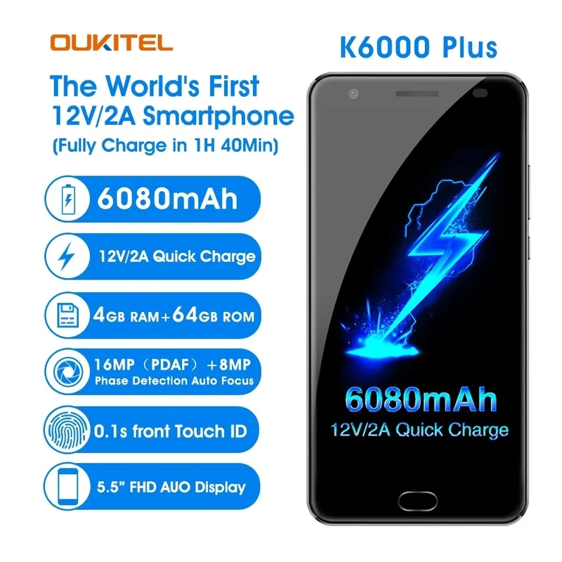 

6080mAh OUKITEL OK6000 Plus 4G Smartphone 5.5" Android 7.0 MTK6750T Octa Core 4GB+64GB 16MP 12V/2A USA Version Frequency Band