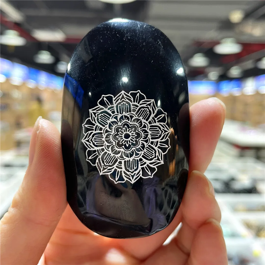 

Natural Black Obsidian Crystal Palm Ornament Protection Energy Stone Products Reiki Healing Amulet Lettering Chakras Symbols