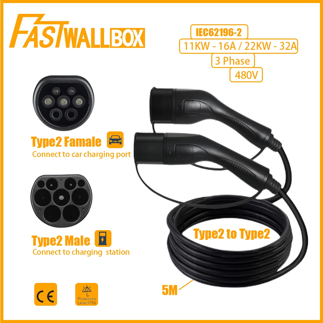 

Fastwallbox EV Charging Cable 3 Phase 22KW Electric Vehicle Cord for Car Charger Station Female to Male Plug IEC62196