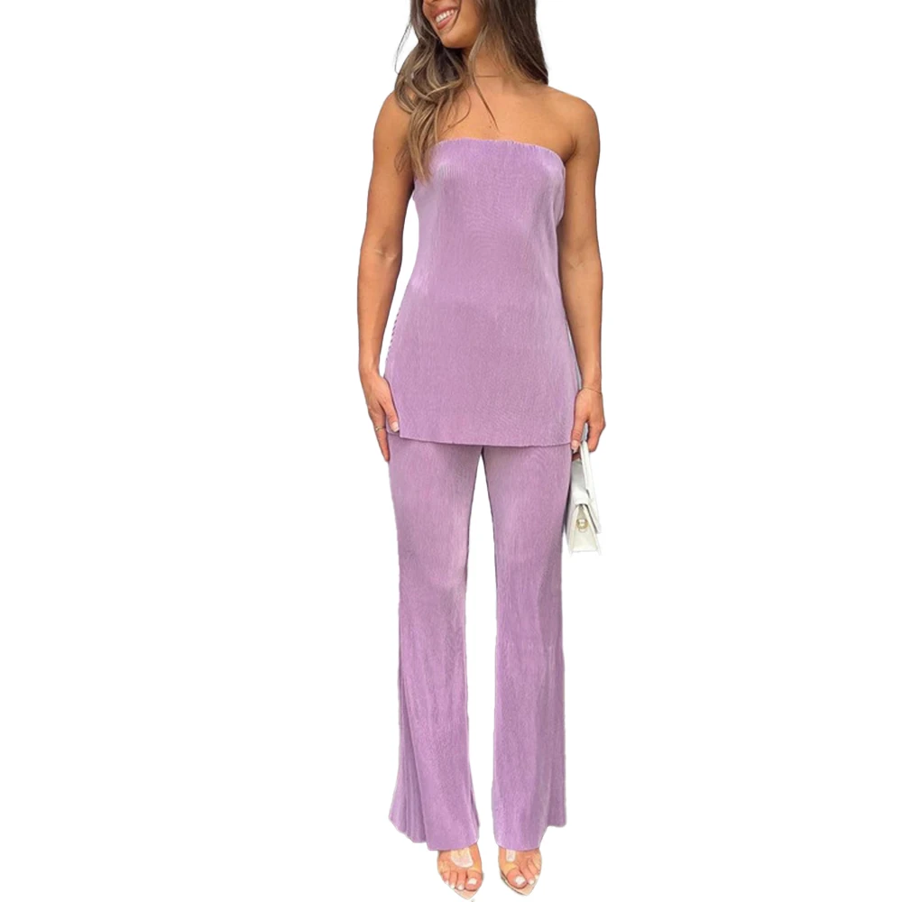 

Sexy Club Women Tops and Long Flare Pants Suit Solid Starpless Hollow Out Sleeveless Ruffled Loose High Waist Pants Set Y2k
