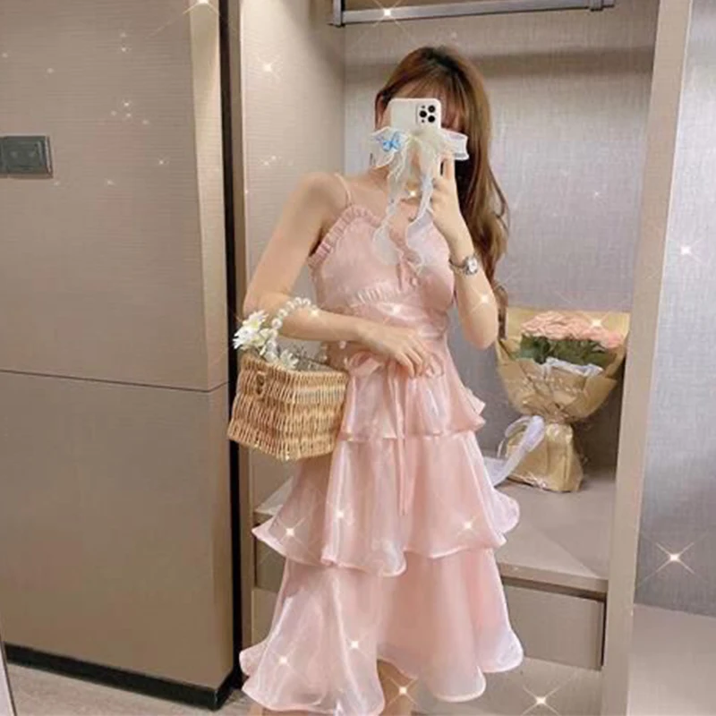 

2022 New Ambilight Mesh Fairy Dress Sweet Puff-sleeve Summer Princess Birthday Dress For women Party Midi female vestidos