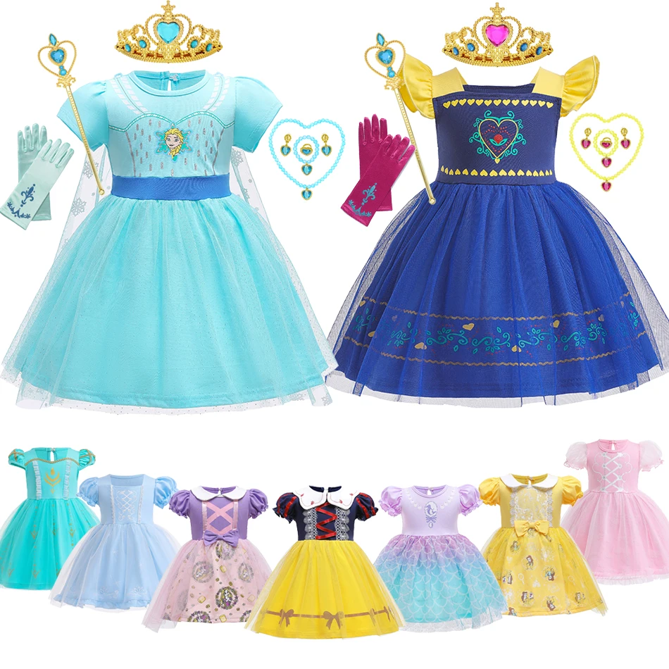 

Disney Frozen Elsa Anna Princess Dress Snow White Aurora Jasmine Rapunzel Cinderella Ariel Costumes Girls Birthday Party Clothes