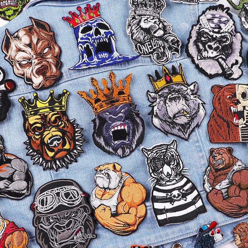 

Fiercely/Muscle Animal Patch Bear/Monkey Embroidery Patch Punk Iron On Patches For Clothing Thermoadhesive Patches On Clothes