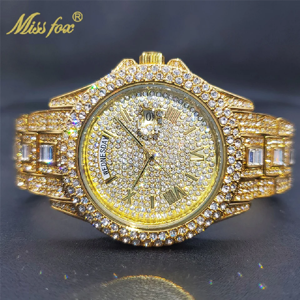 

MISSFOX 18K Gold Men Luxury Designer Watch Diamond Date Day Just Ice Out Quartz Watches Dropshipping