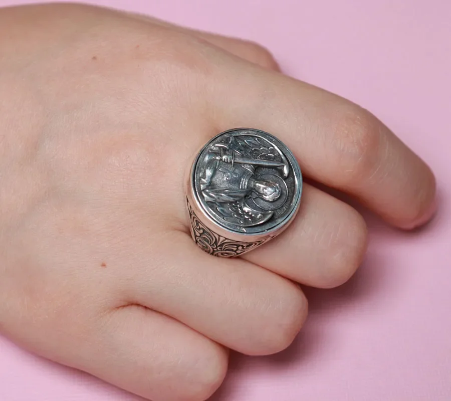 27g Big ARCHANGEL MICHAEL Religious Art Relief Gold Rings Customized 925 Solid Sterling Silver Many Sizes 6-13