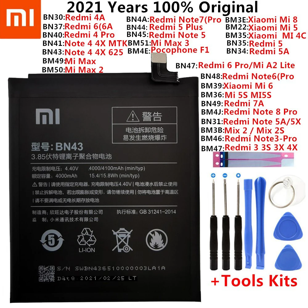 Оригинальный аккумулятор для Xiaomi Mi Redmi Note Mix Max 2 3 A3 3S 3X 4 4X 4A 5 5A 5S 5X M5 6 6A 7 7A 8 8T 9 SE Pro Plus
