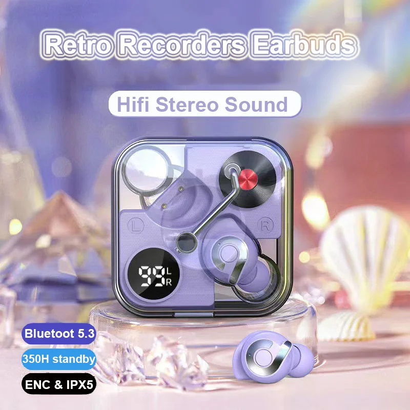 

True Wireless Bluetooth Earphones Mini Retro Recorders Shape Noise Cancellation Bluetooth Earphones Digital Display Earphones