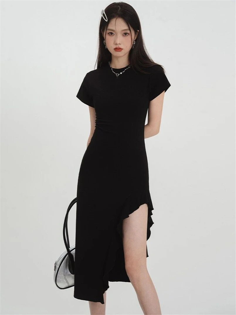 

Y2K Ruffles Fairy Dress Women Sexy Cotton Bodycon Long Dress Summer 7 Color Solid Irregular Dresses 2023 New Female Vestidos