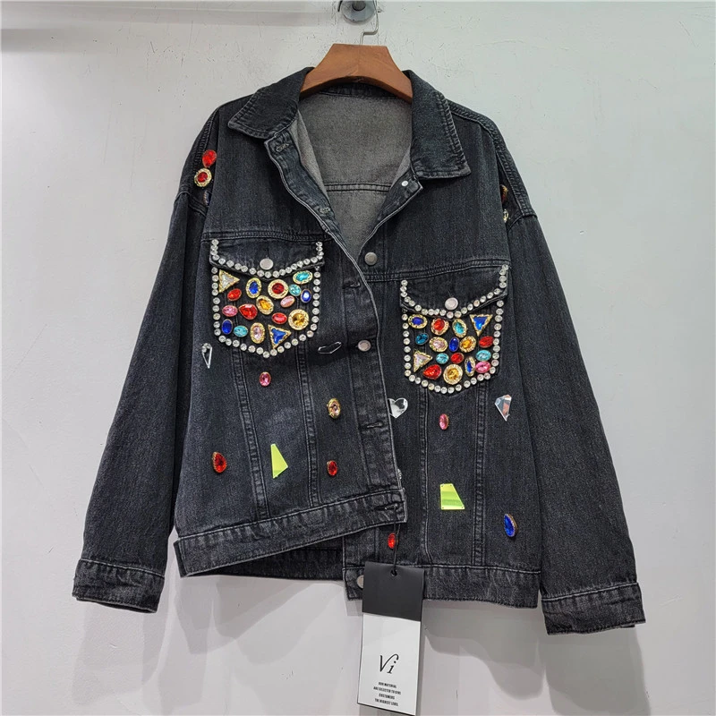 

European Black Denim Coat Women 2023 Autumn Coats New Heavy Industry Color Diamond Beaded Loose Slimming Long Sleeves Jacket