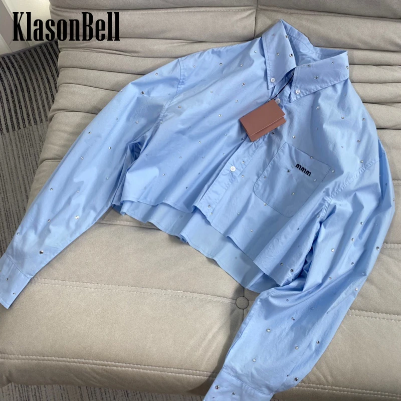9.12 KlasonBell Rhinestone Long Sleeve Embroidery Letter Blue Short Shirt Women