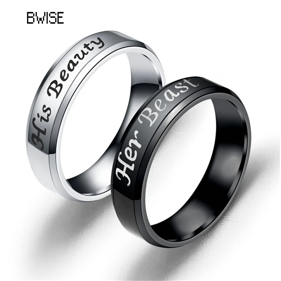 

BWISE 6mm IP Black plated color 316L stainless steel HIS BEAUTY and HER BEAST couple rings for lovers