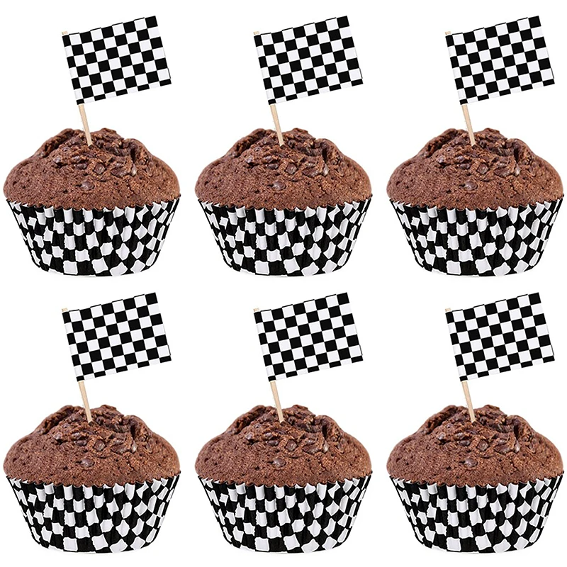 

100 шт. клетчатый флаг, зубочистки, Гоночный флаг, топпер для кексов, Топпер, Топпер для кексов, Гоночный флаг, Обложка для кексов, бумажная Обложка для чашки для выпечки