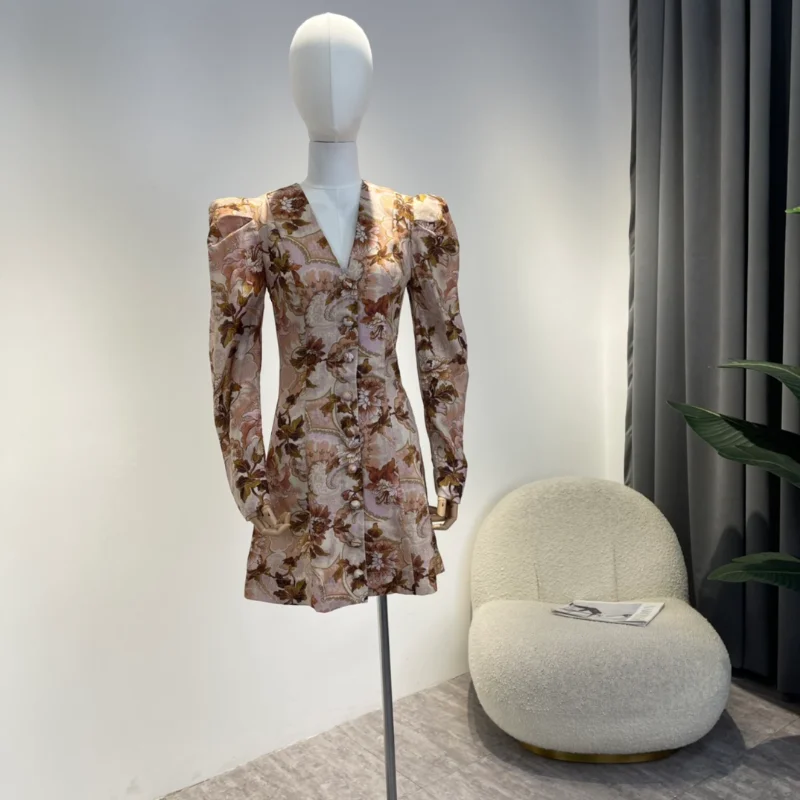 

Hot Sales 2022 Autumn Official New Design Casual Clothes Vintage Flowers Long Puff Sleeve Leaf Print Charming Mini Dress