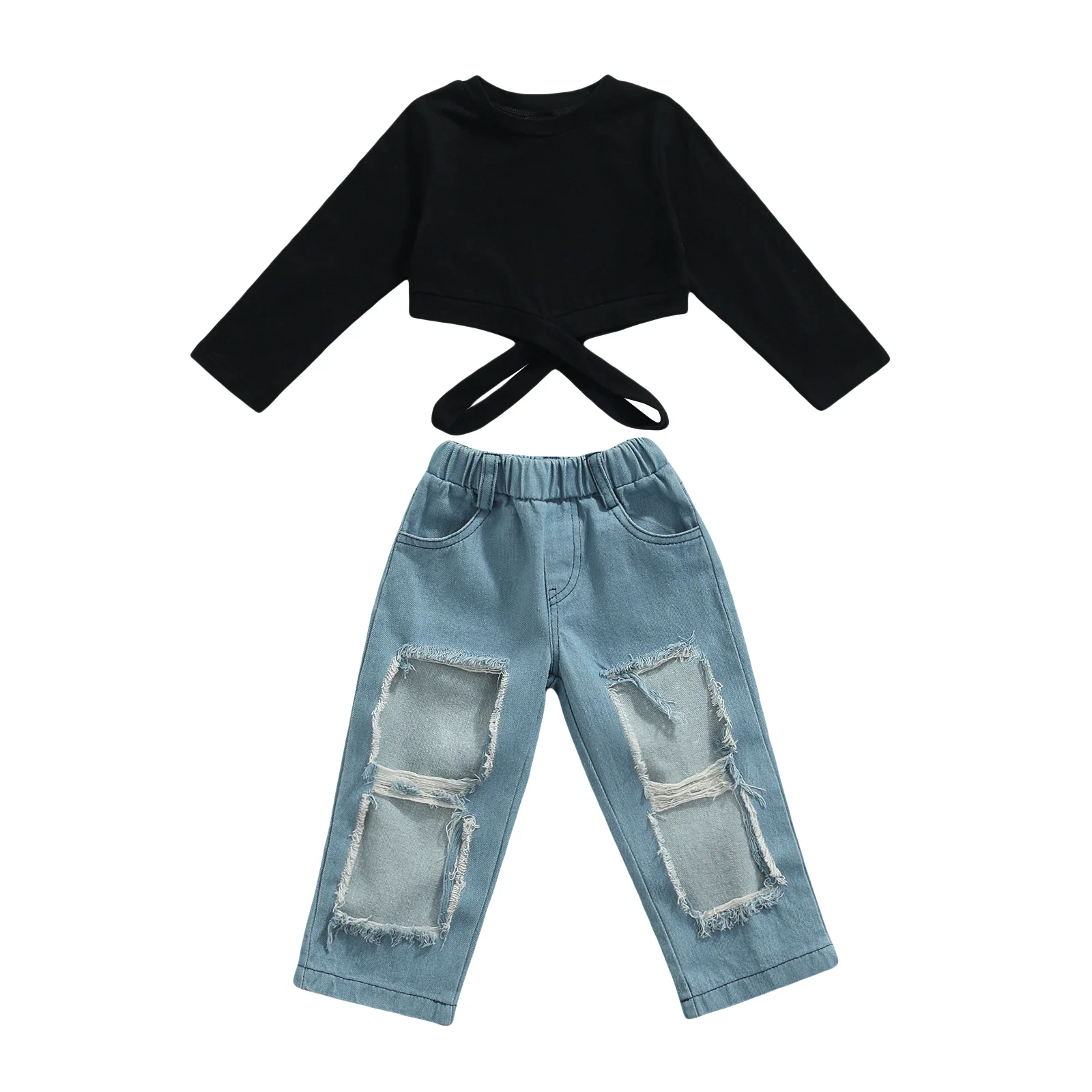 

2 Pieces Kids Suit Set Girls Solid Color O-Neck Long Sleeve Hollow Out Tops Ripped Jeans for Spring Fall 2-7 Years