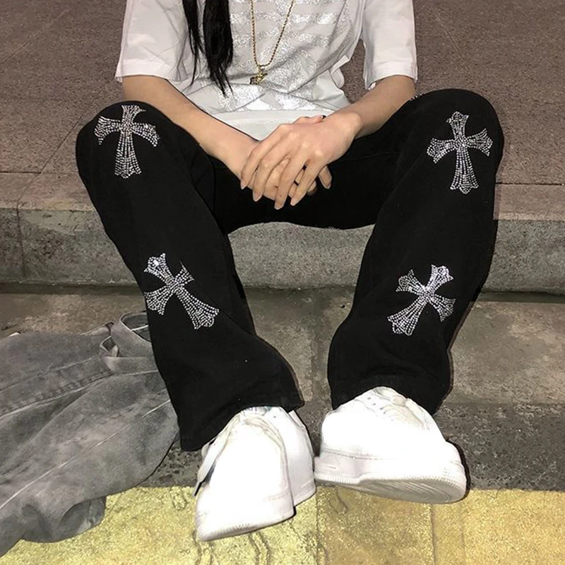 New in Women Black Gothic Hot Diamond Cross Printed Jeans Spring Autumn Female Fashion Harajuku Streetwear Straight Baggy Jeans