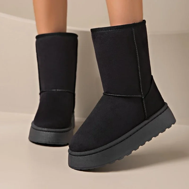 Winter New Style Round-toe Thick-soled Fashionable Suede Flat-soled Snow Boots Plus Velvet Warm Casual Non-slip Women's