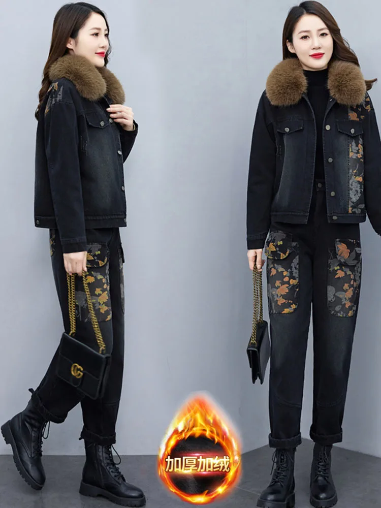 Женский джинсовый костюм из двух предметов повседневный утепленный джинсовой