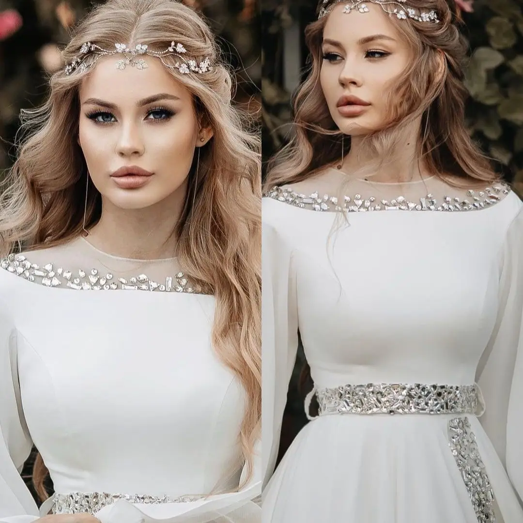 

FATAPAESE Muslim Wedding Dress Illusion Neckline with Crystal Stons Spakring Featured Cape Sleeve Chiffon FormalS Occasion Gown
