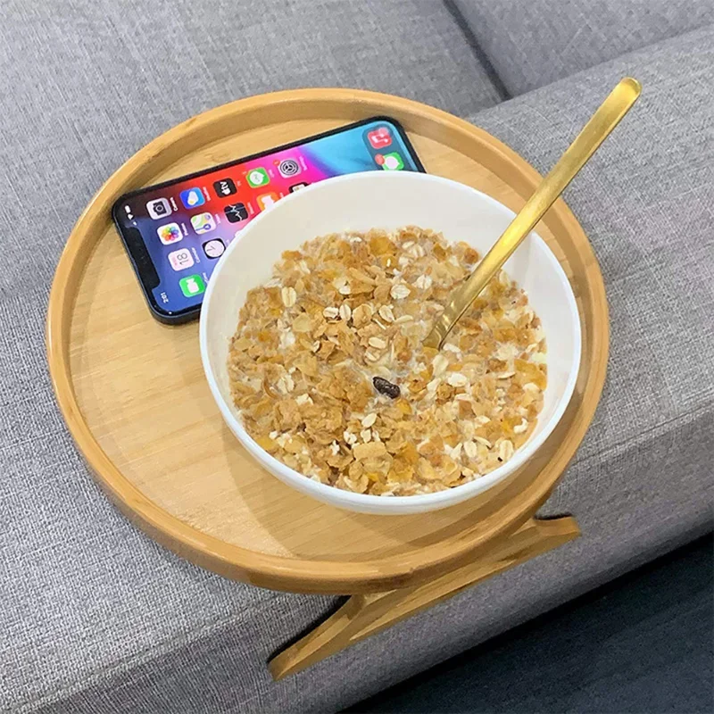 

Wooden Side Tables Natural Bamboo Sofa Armrest Clip-On Round Tray for Wood Dessert Tea Tool for Home Bedroom