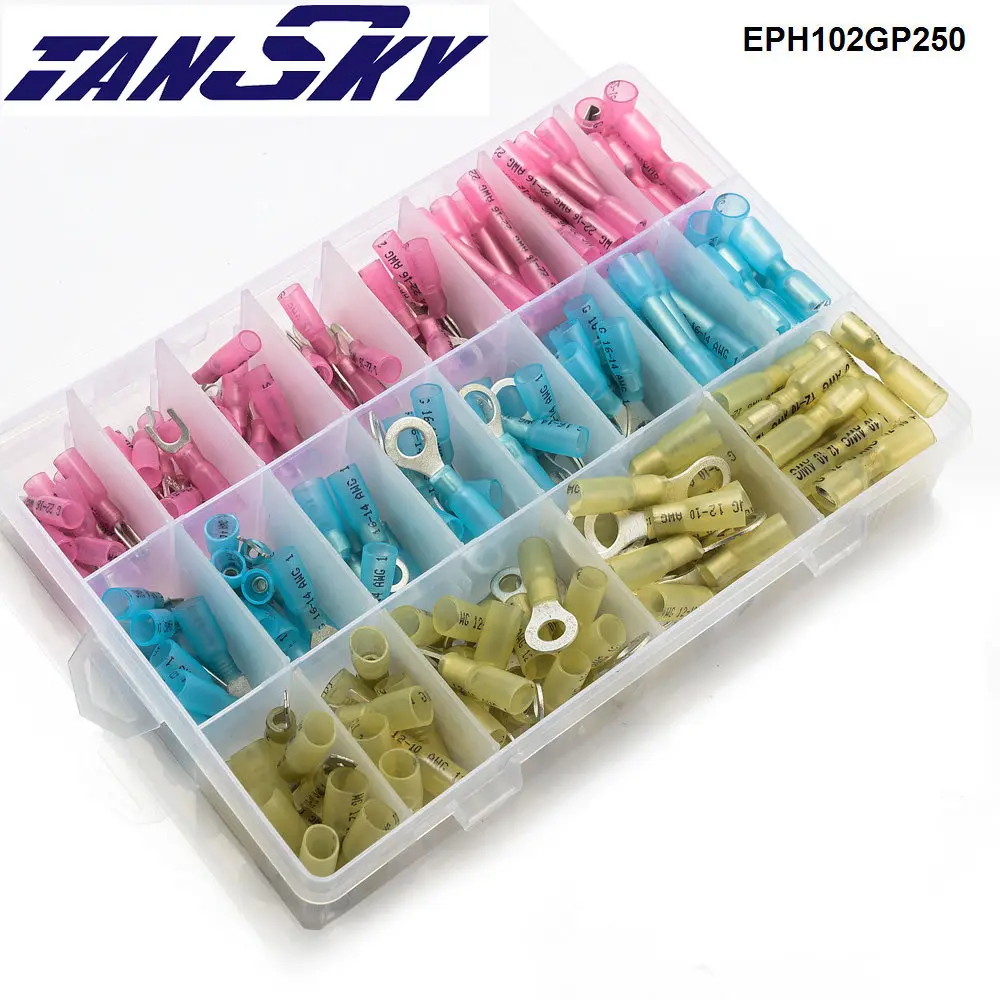 

EPMAN 250pcs Insulated Heat Shrink Wire Electric Connector Crimp Terminals Ring Butt Kit EPH102GP250