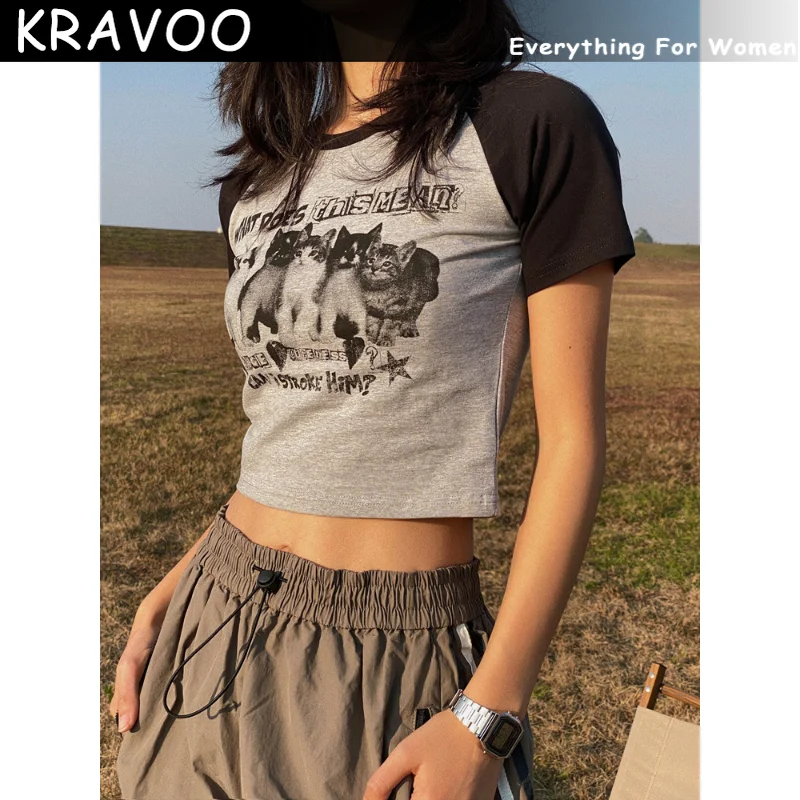 

KRAVOO женская футболка Y2k короткий топ футболки с принтом кошки тонкая графическая летняя корейская мода Harajuku уличная одежда с коротким рукавом в эстетике