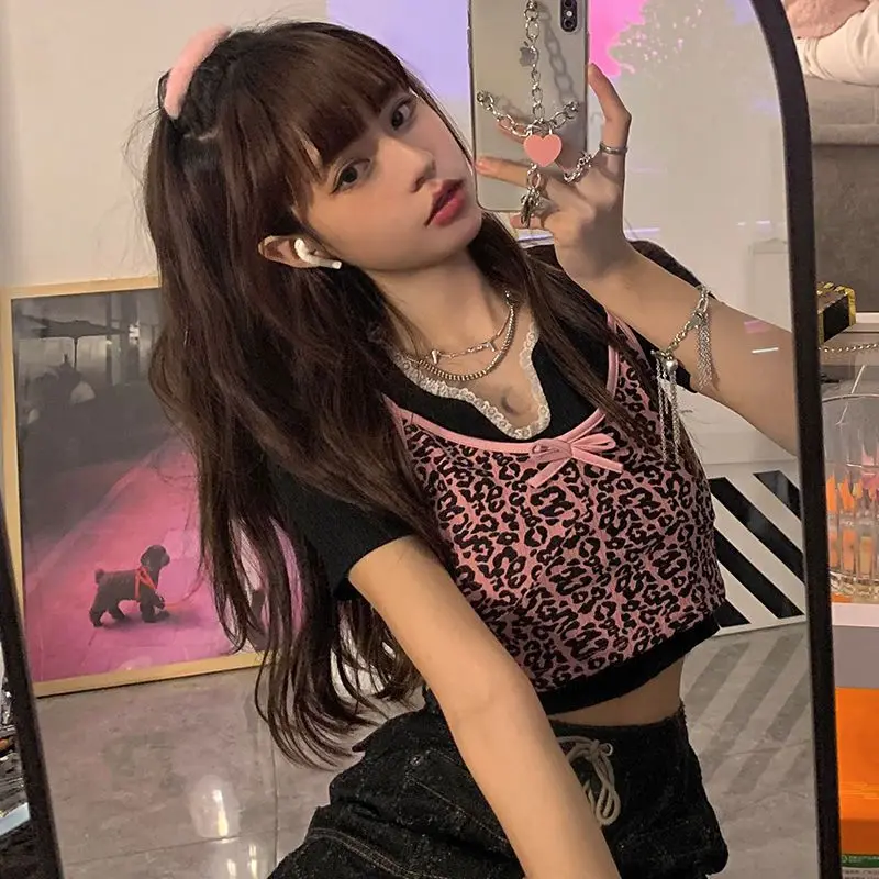 

Korean Lace Patchwork Print Tshirts Leopard Camis Slim Camisetas Short Sleeve Y2k Tees Women Sets Summer Hotsweet Two Piece