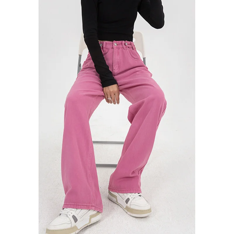 

Джинсы женские с завышенной талией, шикарные прямые брюки из денима с широкими штанинами, мешковатые винтажные штаны из денима, розовые, на ...