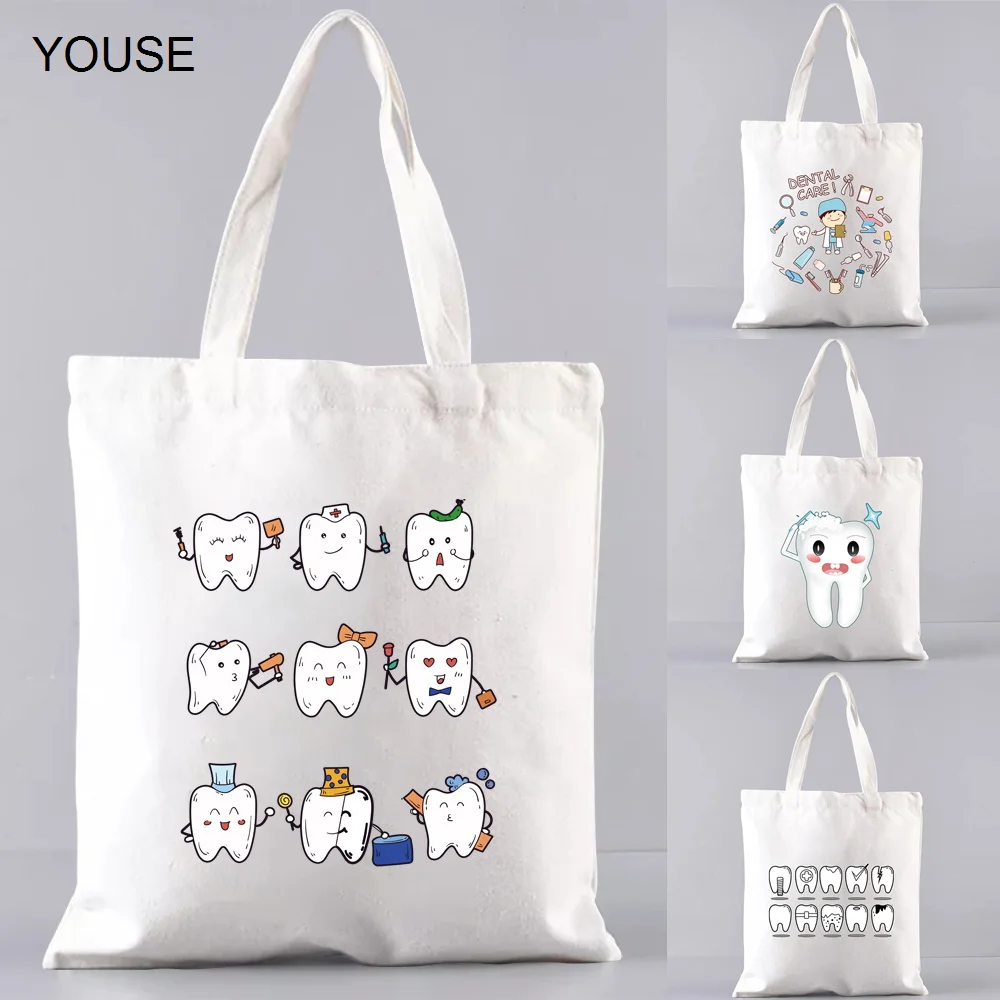 

Shopping Bags for Groceries Eco Shoulder Bag Women Handbags Shopper Reusable Large Capacity Students Books Bag Teeth Pattern