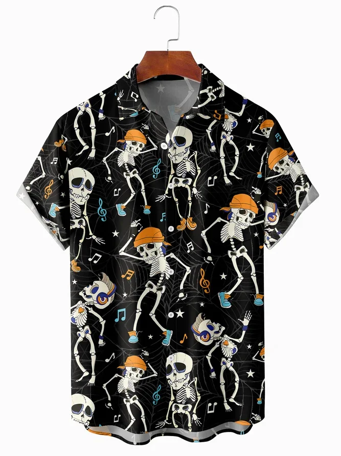 

Y2K Men's clothing skull and music logo printed casual breathable Pocket Hawaiian short-sleeved shirt
