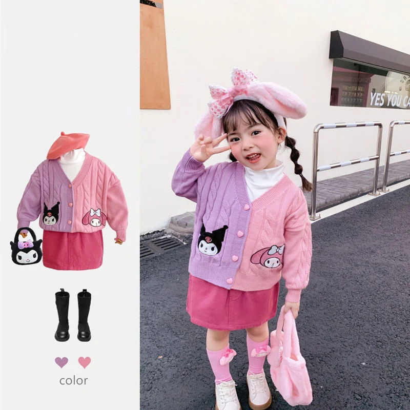 

Anime Kuromi Knitting Cardigan Child Sanrios Autumn Winter Figure Kawaii Cartoon Color Matching Love Western Style Sweater Coat