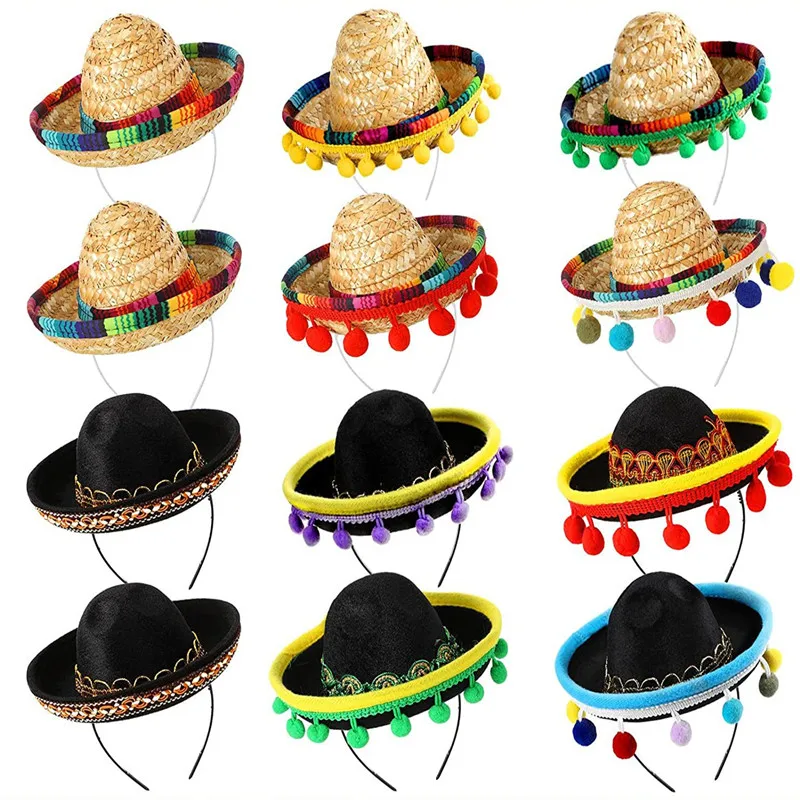 

Mexican Mini Small Hat Hair Hoops Mini Sombrero Headbands Festival Headdress Performance Props Carnival Halloween Party Favors