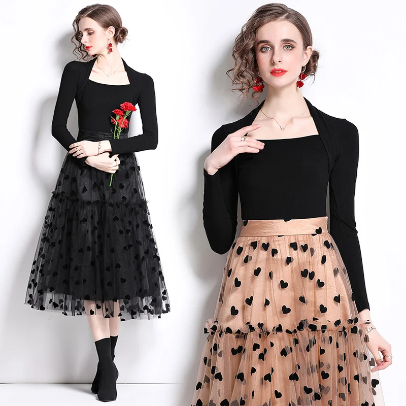 

Женский винтажный комплект из двух предметов, модельный комплект из рубашки с длинным рукавом и сетчатой юбки с высокой талией и эластичной...