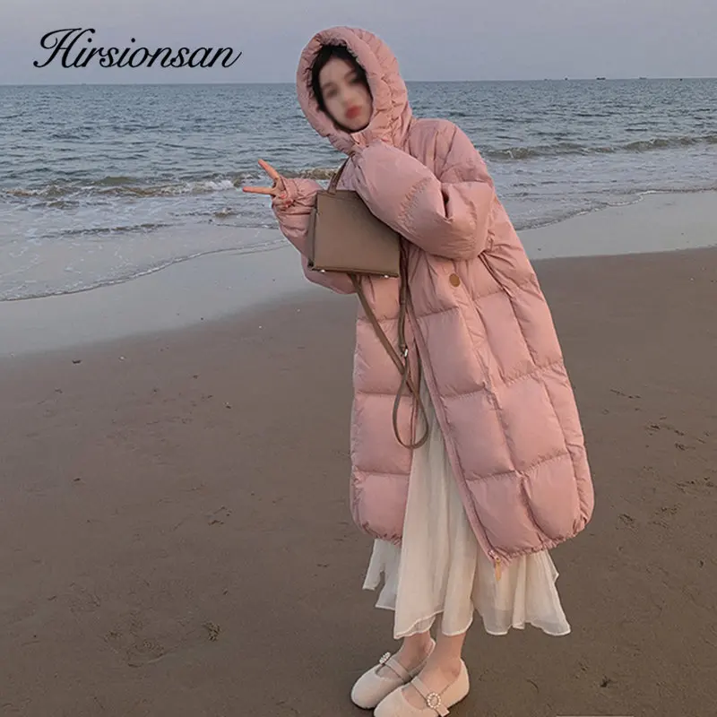 

Hirsionsan Winter Long Hooded White Duck Down Jacket Women Loose Solid Thicken Warm Puffer Clothing Female Casual Simple Coats