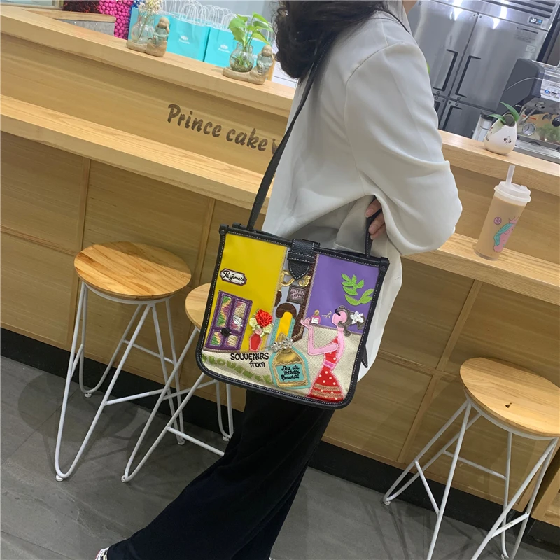 Women Bags Canvas Patchwork Embroidery Purse Cross Body Messenger Bag Shoulder Bags Braccialini Style Art Cartoon Perfume Girl