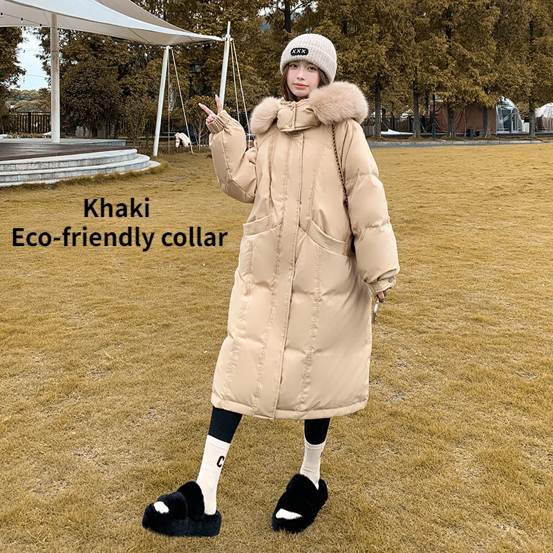 2022 Down Jacket Women Hooded Thickened 90% White Duck Down Fox Fur Collar Long Coral Yellow Large Coats Color Warm Soft Jackets