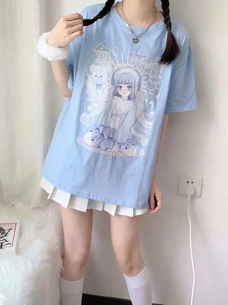 Deeptown Japanese Two-dimensional Kawaii Anime T-shirt Cute Cartoon Graphic Tees Angel Print Tops Women Harajuku Short Sleeve
