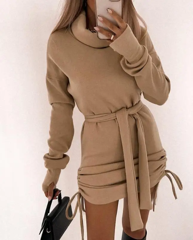 

Зимняя одежда, женское Модное Новое плиссированное платье-свитшот с высоким воротником и кулиской, повседневное теплое праздвечерние чное ...