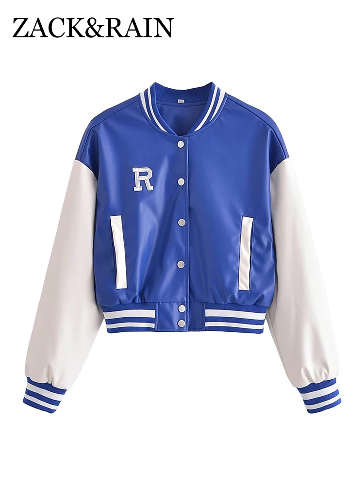 

ZACK RAIN Women Blue Colorblock Faux Leather Baseball Jersey Fall/Winter 2022 Ladies Jogger Jacket Vintage Loose Female Outwear