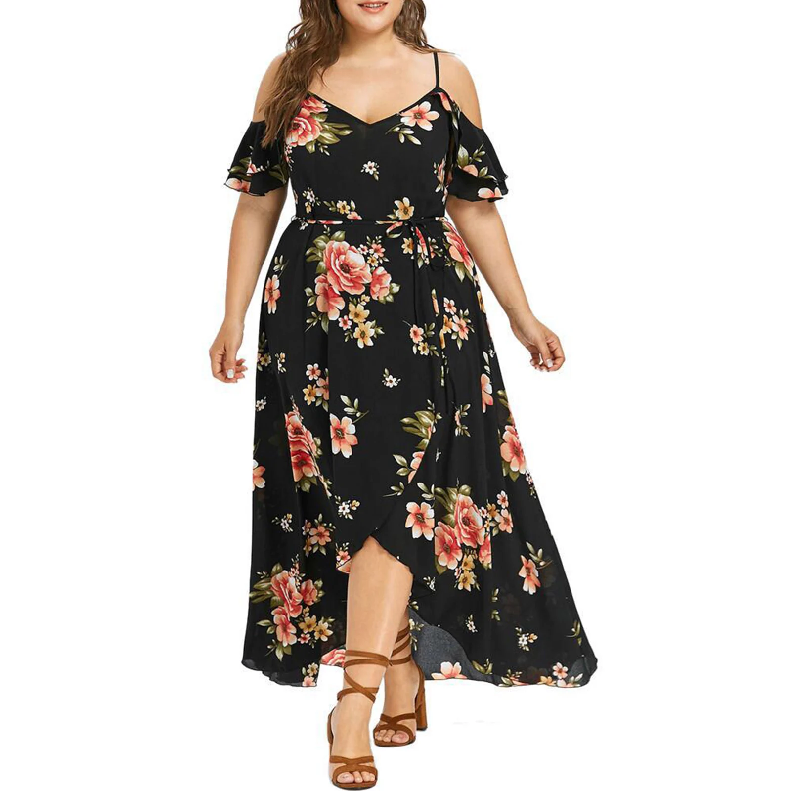

Plus Size Dress Women Sexy Ruffled Cold Shoulder Spaghetti Strap V-Neck Dress Floral Print Belted Split Asymmetric Sundress