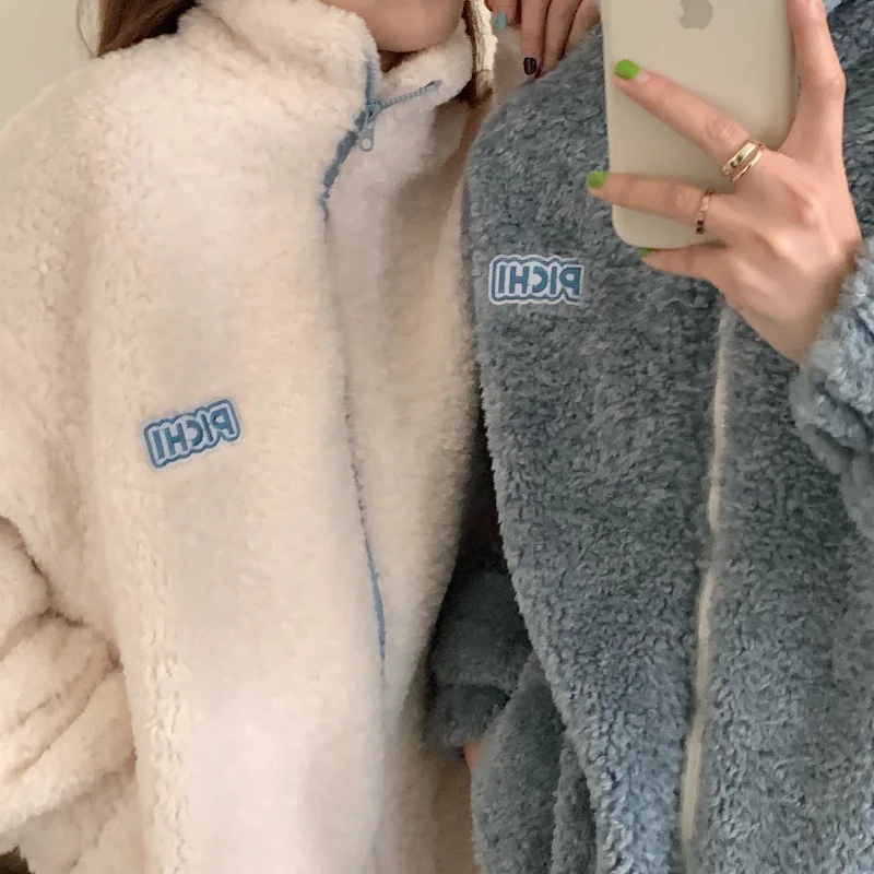 Women Lamb Fur Jacket Velvet Letter Long Sleeve Lambswool Oversized Coat Fashion Casual Korean Style Warm Fluffy Teddy Jackets