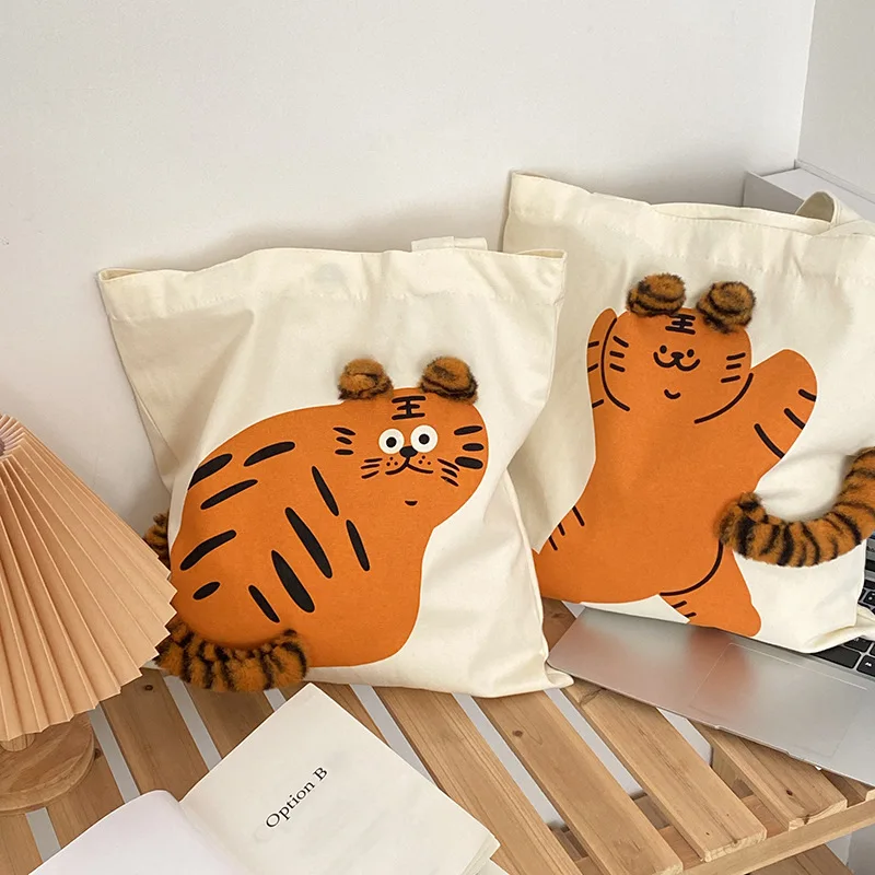 

Cartoon 3D Tiger Shoulder Bag Portable Canvas Bag for Women Funny Cute Tote Bag Large Capacity Handbags Ladies Shopping Bag