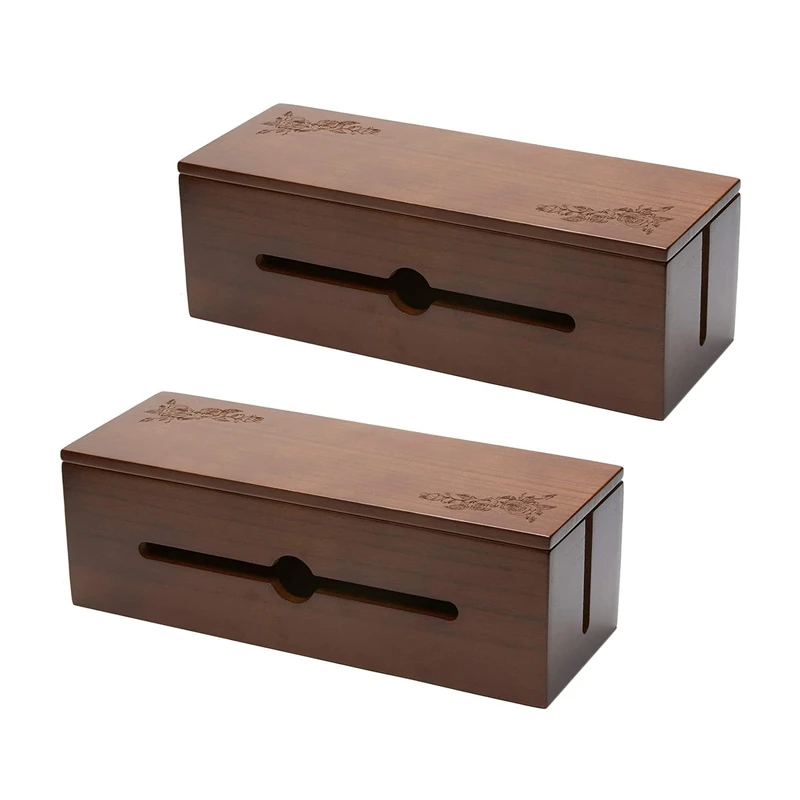 

2X Cable Management Box Wooden Cord Organizer Box For Extension Cord Power Stripe Surge Protector Wire Dark Brown