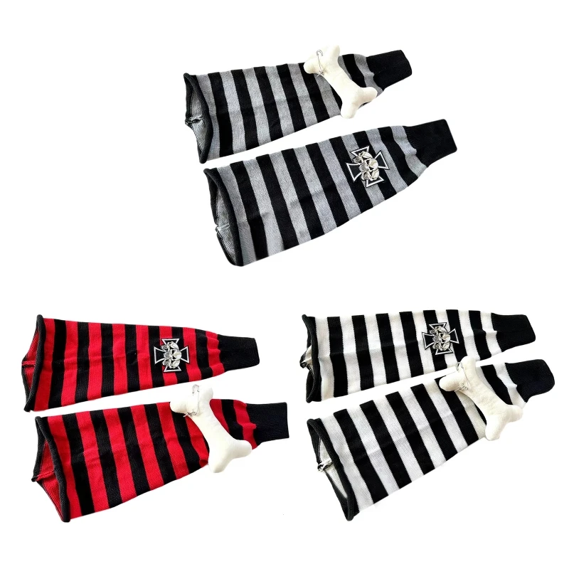 

Harajuku Women Skull for Cross Bone Decorate Leg Warmer Striped Knit Knee High S
