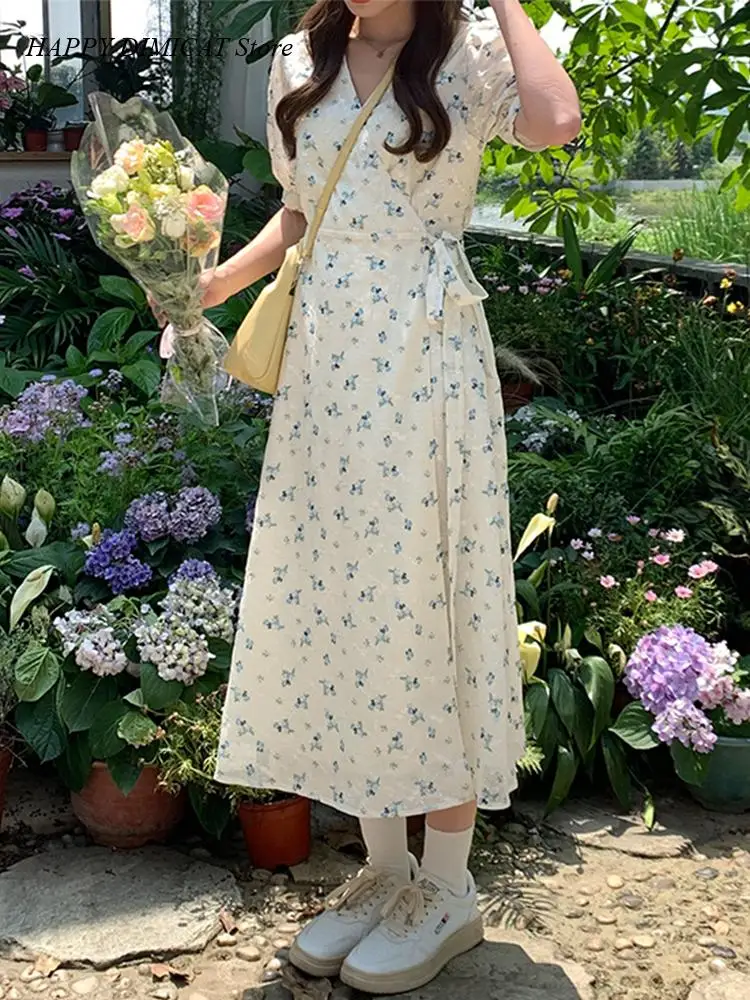 

Long Maxi Dress for Women Summer Harajuku Cute Sweet Girls Short Sleeve V-Neck A Line Vintage Korea Japanese Style Floral