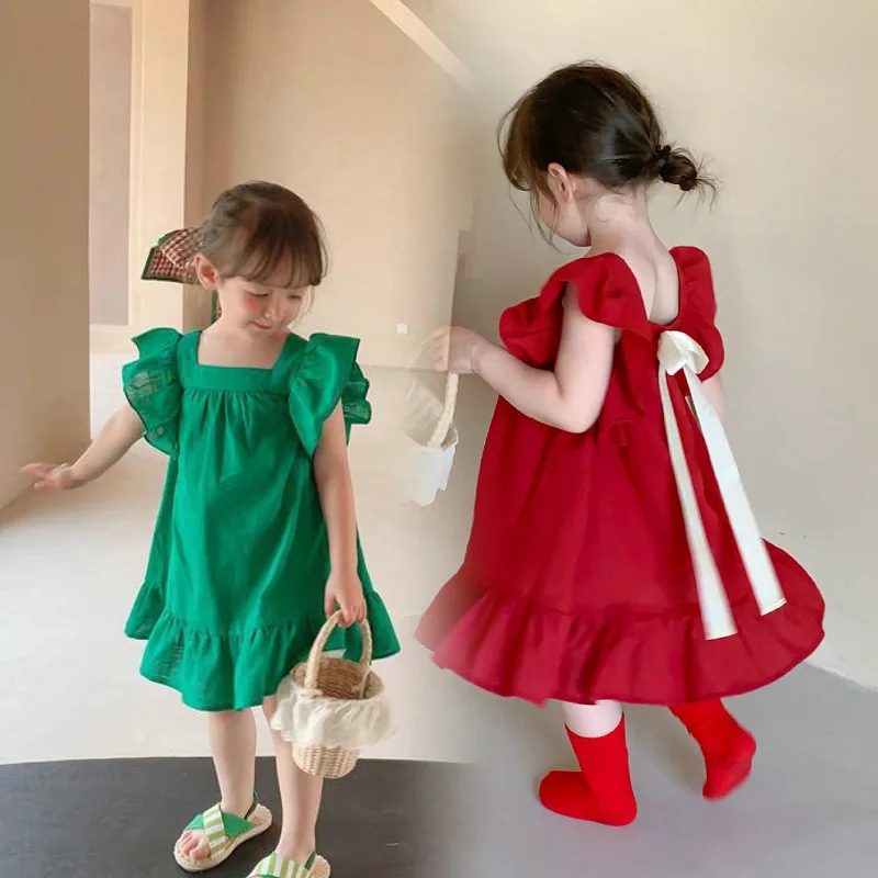 

Children Dresses 2022 Summer New Solid Color Kids Clothes Dress For Girls Casual Dress Sweet Ruffle Ribbon Party Dress 2-6 Years