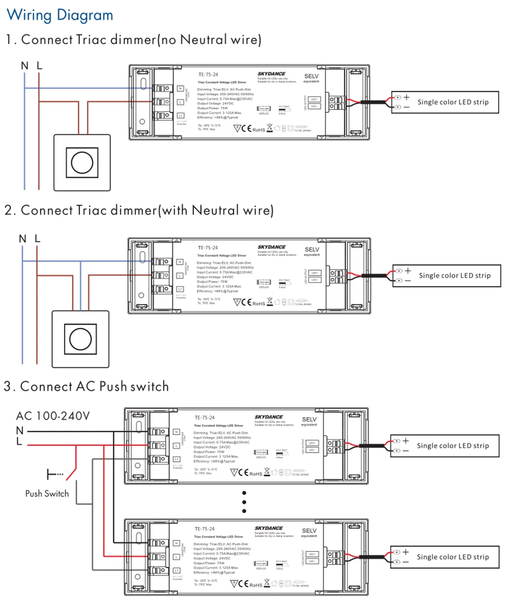 Skydance светодиодный драйвер затемнения триака 75 Вт переменного тока в постоянный